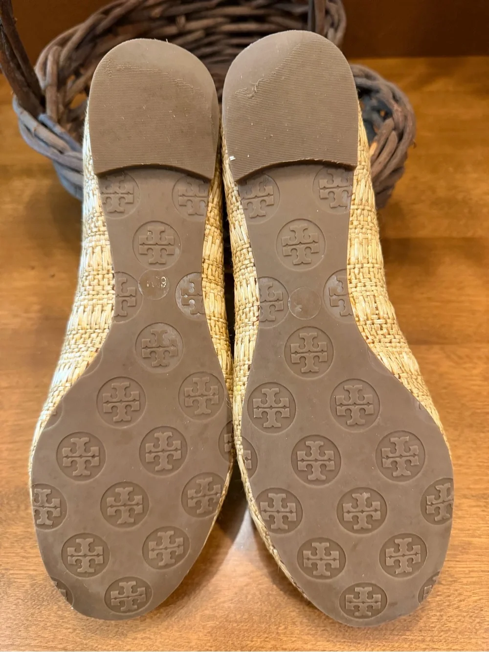 Tory Burch Natural Raffia Flats with White Trim and Gold Logo